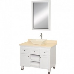 36 inch Single Bathroom Vanity in White, Ivory Marble Countertop, Pyra Bone Porcelain Sink, and 24 inch Mirror