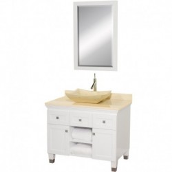 36 inch Single Bathroom Vanity in White, Ivory Marble Countertop, Avalon Ivory Marble Sink, and 24 inch Mirror