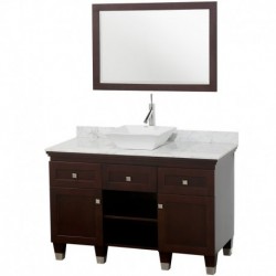 48 inch Single Bathroom Vanity in Espresso, White Carrera Marble Countertop, Pyra White Porcelain Sink, and 24 inch Mirror
