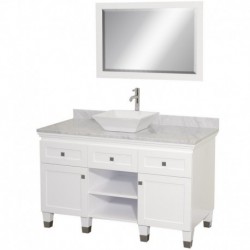 48 inch Single Bathroom Vanity in White, White Carrera Marble Countertop, Pyra White Porcelain Sink, and 24 inch Mirror
