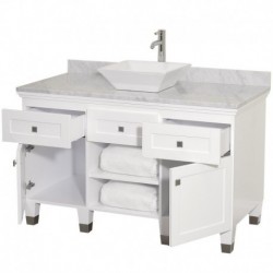 48 inch Single Bathroom Vanity in White, White Carrera Marble Countertop, Pyra White Porcelain Sink, and 24 inch Mirror