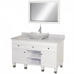 48 inch Single Bathroom Vanity in White, White Carrera Marble Countertop, Avalon White Carrera Marble Sink, and 24 inch Mirror