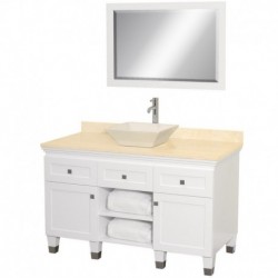 48 inch Single Bathroom Vanity in White, Ivory Marble Countertop, Pyra Bone Porcelain Sink, and 24 inch Mirror