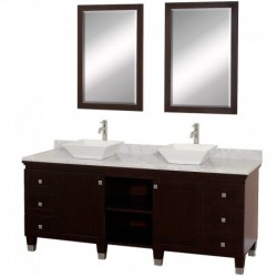 72 inch Double Bathroom Vanity in Espresso, White Carrera Marble Countertop, Pyra White Porcelain Sinks, and 24 inch Mirrors