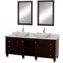 72 inch Double Bathroom Vanity in Espresso, White Carrera Marble Countertop, Avalon White Carrera Marble Sinks, and 24 inch Mir
