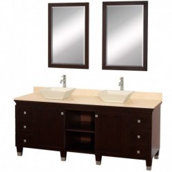 72 inch Double Bathroom Vanity in Espresso, Ivory Marble Countertop, Pyra Bone Porcelain Sinks, and 24 inch Mirrors
