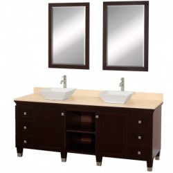 72 inch Double Bathroom Vanity in Espresso, Ivory Marble Countertop, Pyra White Porcelain Sinks, and 24 inch Mirrors