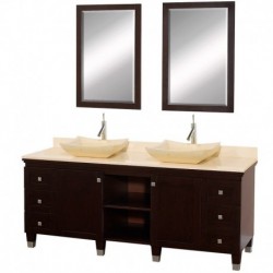 72 inch Double Bathroom Vanity in Espresso, Ivory Marble Countertop, Avalon Ivory Marble Sinks, and 24 inch Mirrors