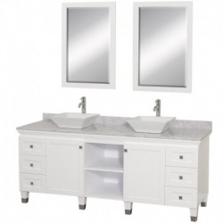 72 inch Double Bathroom Vanity in White, White Carrera Marble Countertop, Pyra White Porcelain Sinks, and 24 inch Mirrors