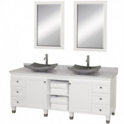 72 inch Double Bathroom Vanity in White, White Carrera Marble Countertop, Altair Black Granite Sinks, and 24 inch Mirrors