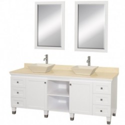 72 inch Double Bathroom Vanity in White, Ivory Marble Countertop, Pyra Bone Porcelain Sinks, and 24 inch Mirrors