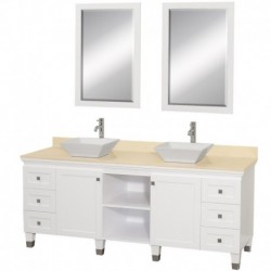 72 inch Double Bathroom Vanity in White, Ivory Marble Countertop, Pyra White Porcelain Sinks, and 24 inch Mirrors