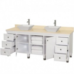 72 inch Double Bathroom Vanity in White, Ivory Marble Countertop, Pyra White Porcelain Sinks, and 24 inch Mirrors