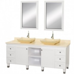72 inch Double Bathroom Vanity in White, Ivory Marble Countertop, Avalon Ivory Marble Sinks , and 24 inch Mirrors