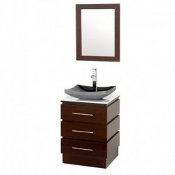 22 inch Pedestal Bathroom Vanity in Espresso, White Man-Made Stone Countertop, Altair Black Granite Sink, and 22 inch Mirror