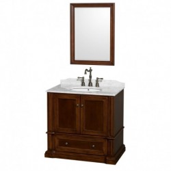 36 inch Single Bathroom Vanity in Cherry, White Carrera Marble Countertop, Undermount Oval Sink, and 24 inch Mirror