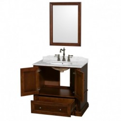36 inch Single Bathroom Vanity in Cherry, White Carrera Marble Countertop, Undermount Oval Sink, and 24 inch Mirror