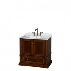 36 inch Single Bathroom Vanity in Cherry, White Carrera Marble Countertop, Undermount Oval Sink, and No Mirror