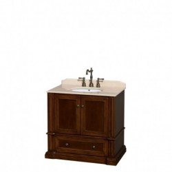 36 inch Single Bathroom Vanity in Cherry, Ivory Marble Countertop, Undermount Oval Sink, and No Mirror