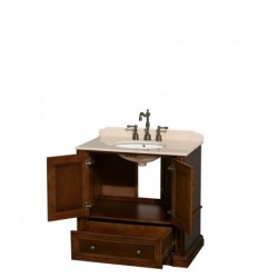 36 inch Single Bathroom Vanity in Cherry, Ivory Marble Countertop, Undermount Oval Sink, and No Mirror