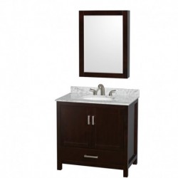 36 inch Single Bathroom Vanity in Espresso, White Carrera Marble Countertop, Undermount Oval Sink, and Medicine Cabinet