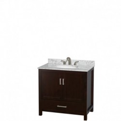 36 inch Single Bathroom Vanity in Espresso, White Carrera Marble Countertop, Undermount Oval Sink, and No Mirror