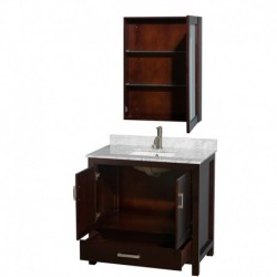 36 inch Single Bathroom Vanity in Espresso, White Carrera Marble Countertop, Undermount Square Sink, and Medicine Cabinet