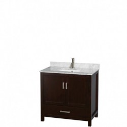 36 inch Single Bathroom Vanity in Espresso, White Carrera Marble Countertop, Undermount Square Sink, and No Mirror