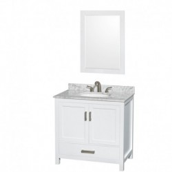 36 inch Single Bathroom Vanity in White, White Carrera Marble Countertop, Undermount Oval Sink, and 24 inch Mirror