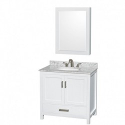 36 inch Single Bathroom Vanity in White, White Carrera Marble Countertop, Undermount Oval Sink, and Medicine Cabinet