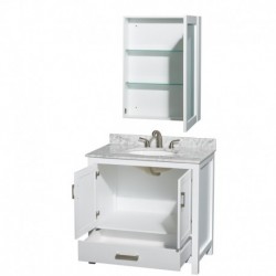 36 inch Single Bathroom Vanity in White, White Carrera Marble Countertop, Undermount Oval Sink, and Medicine Cabinet