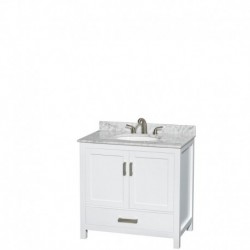36 inch Single Bathroom Vanity in White, White Carrera Marble Countertop, Undermount Oval Sink, and No Mirror