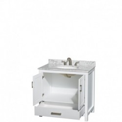 36 inch Single Bathroom Vanity in White, White Carrera Marble Countertop, Undermount Oval Sink, and No Mirror