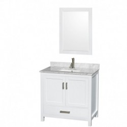 36 inch Single Bathroom Vanity in White, White Carrera Marble Countertop, Undermount Square Sink, and 24 inch Mirror