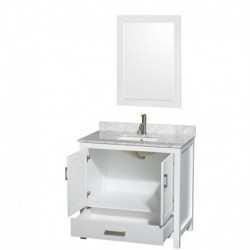 36 inch Single Bathroom Vanity in White, White Carrera Marble Countertop, Undermount Square Sink, and 24 inch Mirror