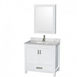 36 inch Single Bathroom Vanity in White, White Carrera Marble Countertop, Undermount Square Sink, and Medicine Cabinet