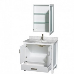 36 inch Single Bathroom Vanity in White, White Carrera Marble Countertop, Undermount Square Sink, and Medicine Cabinet