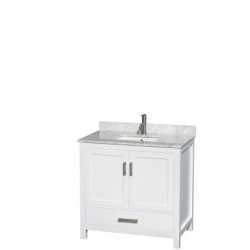 36 inch Single Bathroom Vanity in White, White Carrera Marble Countertop, Undermount Square Sink, and No Mirror