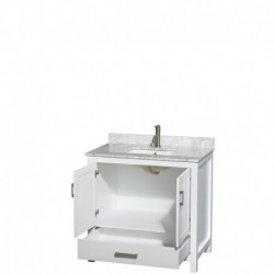 36 inch Single Bathroom Vanity in White, White Carrera Marble Countertop, Undermount Square Sink, and No Mirror