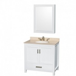 36 inch Single Bathroom Vanity in White, Ivory Marble Countertop, Undermount Oval Sink, and Medicine Cabinet