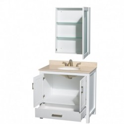 36 inch Single Bathroom Vanity in White, Ivory Marble Countertop, Undermount Oval Sink, and Medicine Cabinet