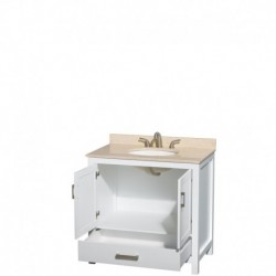 36 inch Single Bathroom Vanity in White, Ivory Marble Countertop, Undermount Oval Sink, and No Mirror