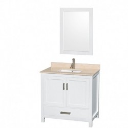 36 inch Single Bathroom Vanity in White, Ivory Marble Countertop, Undermount Square Sink, and 24 inch Mirror