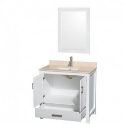 36 inch Single Bathroom Vanity in White, Ivory Marble Countertop, Undermount Square Sink, and 24 inch Mirror