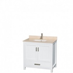 36 inch Single Bathroom Vanity in White, Ivory Marble Countertop, Undermount Square Sink, and No Mirror