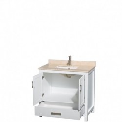 36 inch Single Bathroom Vanity in White, Ivory Marble Countertop, Undermount Square Sink, and No Mirror