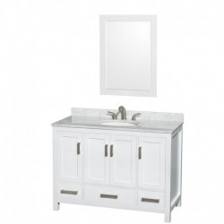 48 inch Single Bathroom Vanity in White, White Carrera Marble Countertop, Undermount Oval Sink, and 24 inch Mirror