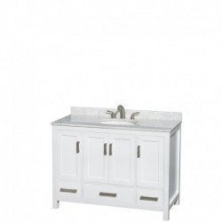 48 inch Single Bathroom Vanity in White, White Carrera Marble Countertop, Undermount Oval Sink, and No Mirror
