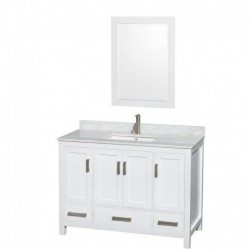 48 inch Single Bathroom Vanity in White, White Carrera Marble Countertop, Undermount Square Sink, and 24 inch Mirror