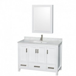 48 inch Single Bathroom Vanity in White, White Carrera Marble Countertop, Undermount Square Sink, and Medicine Cabinet